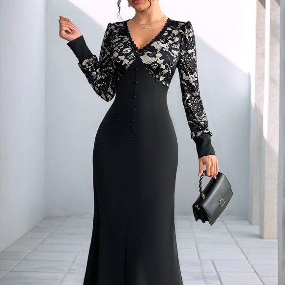Lace V-Neck Long Sleeve Maxi Dress | Sheath Formal Stretchy Dress - Picture 4 of 12